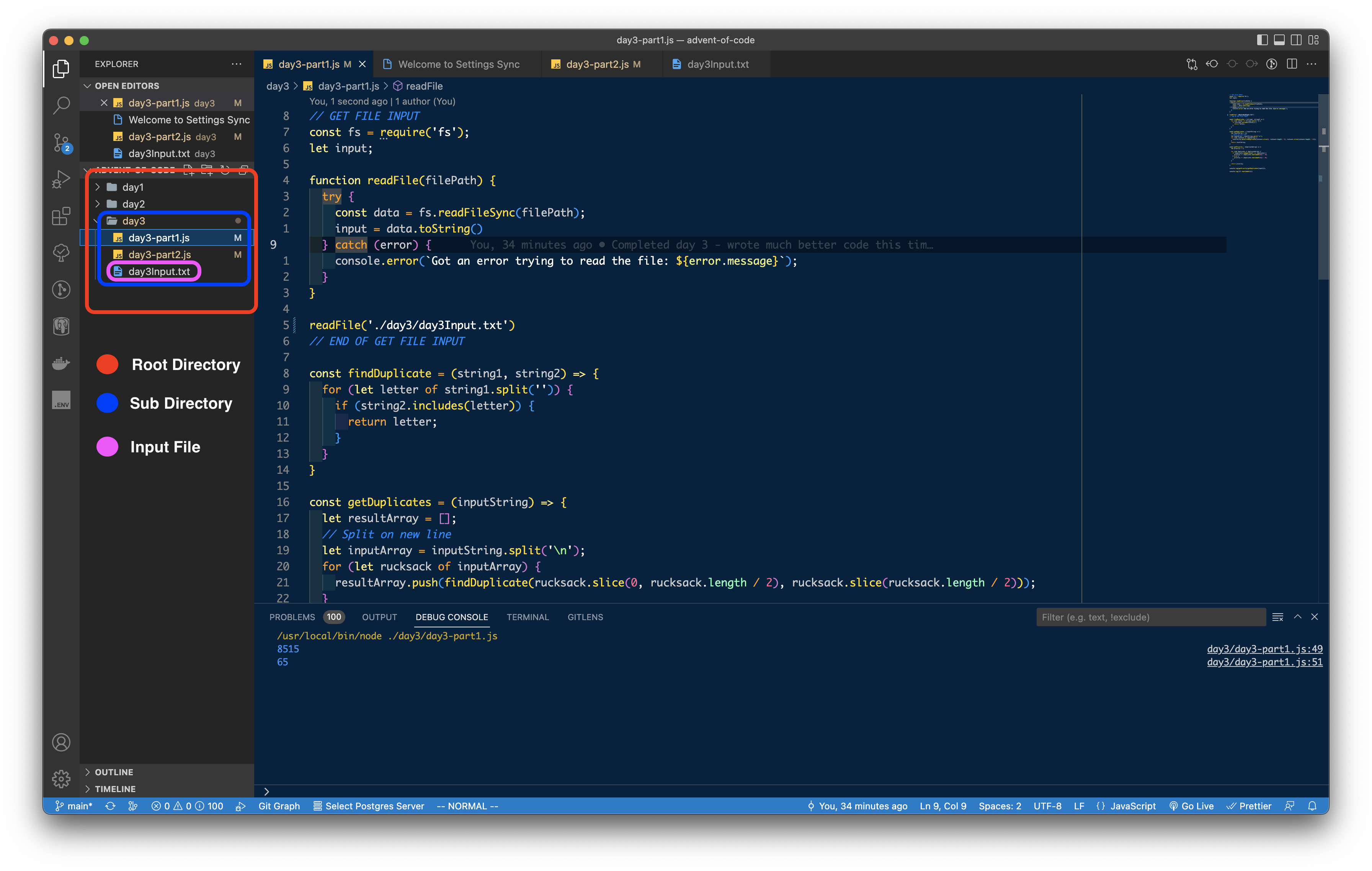 VsCode screenshot showing the file structure I&#39;m using. Explains the difference between root and sub directories